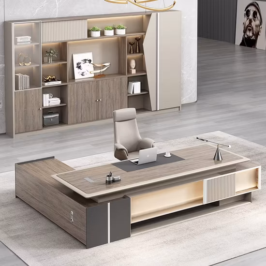 High Quality Luxury Modern L Shape Leather Wooden High End Director Manager CEO Executive Furniture Office Table