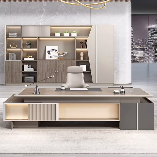 High Quality Luxury Modern L Shape Leather Wooden High End Director Manager CEO Executive Furniture Office Table